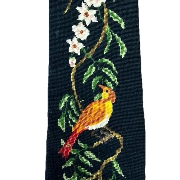 Vintage Needlepoint Bell Pull Wall Tapestry Birds Floral Black 52” Long - Picture 3 of 7